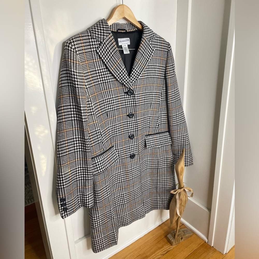 Pendleton Women's Black and White Houndstooth Blazer Mid Length Merino Wool 14